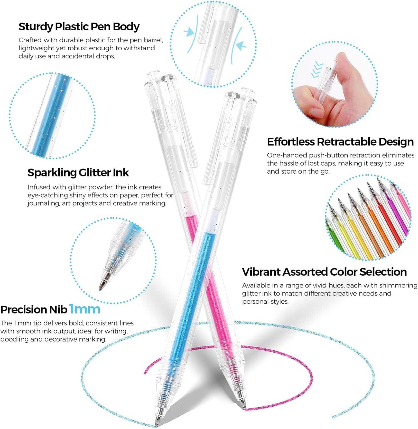 SKYDUE 18 Color Glitter Gel Pens, Retractable Sparkle Glitter Pens for Coloring Books, Adult, Kids, Art Creators
