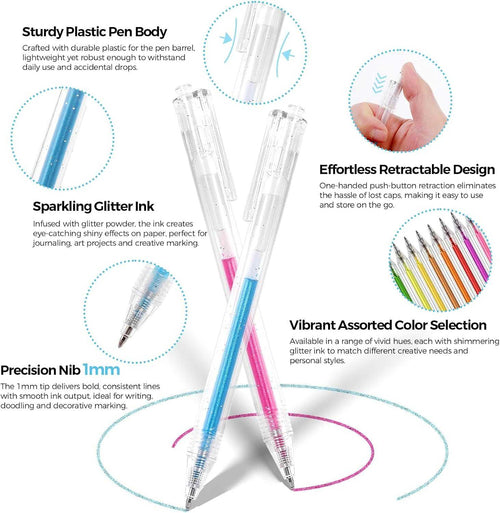SKYDUE 18 Color Glitter Gel Pens, Retractable Sparkle Glitter Pens for Coloring Books, Adult, Kids, Art Creators