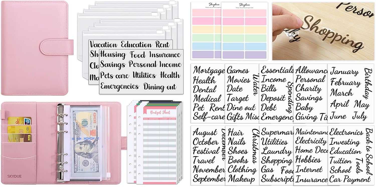 SKYDUE Buckle Budget Binder with Zipper Envelopes and 12 Pcs Budget Stickers Set