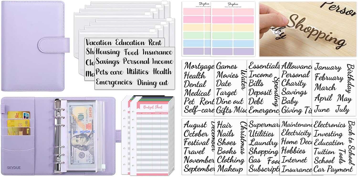 SKYDUE Buckle Budget Binder with Zipper Envelopes and 12 Pcs Budget Stickers Set