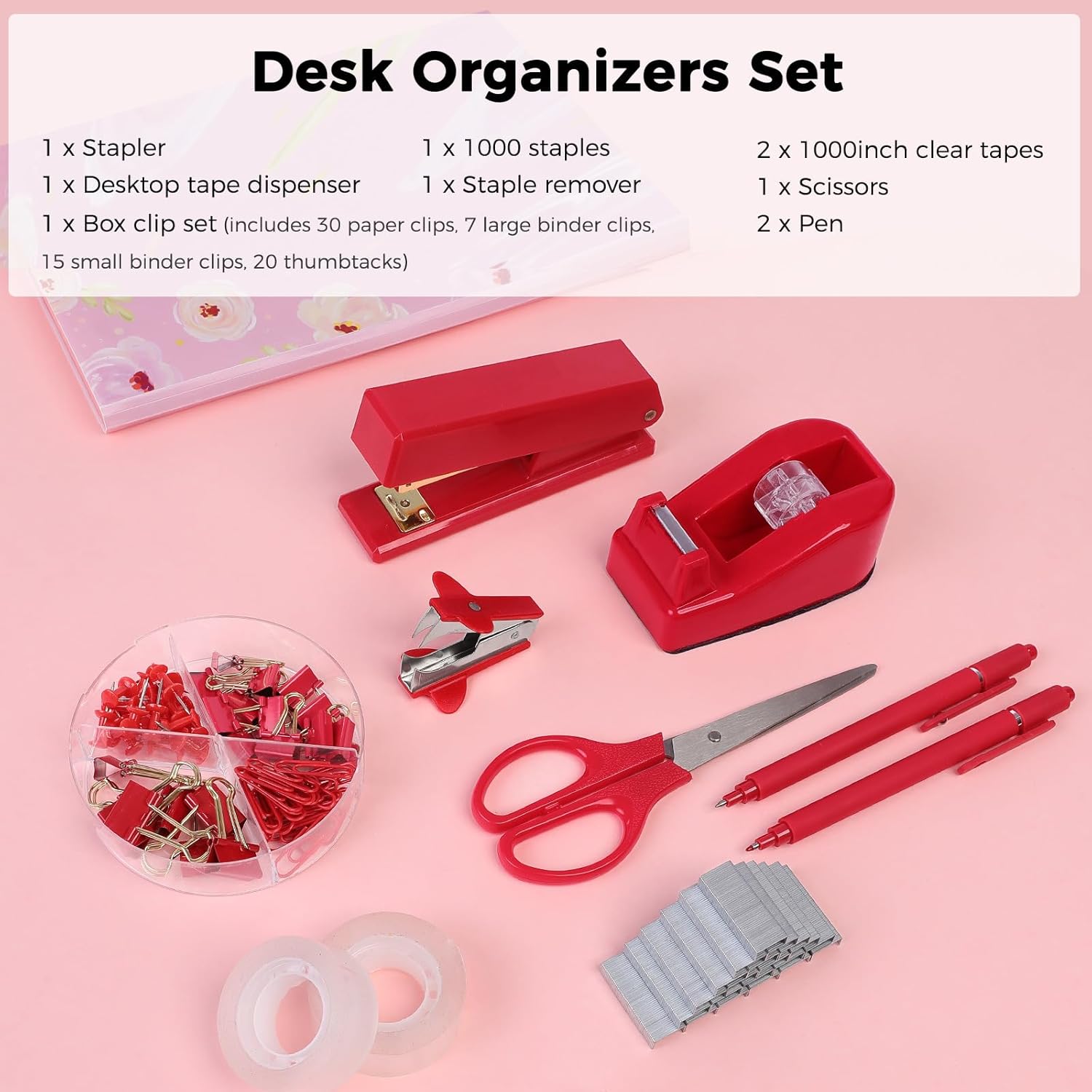 SKYDUE Pink Office Desk Accessories, Pink Office Supplies, Stapler, Tape Dispenser, Scissors, Clips and 1000pcs Staples,Office Supplies for Desk for Women