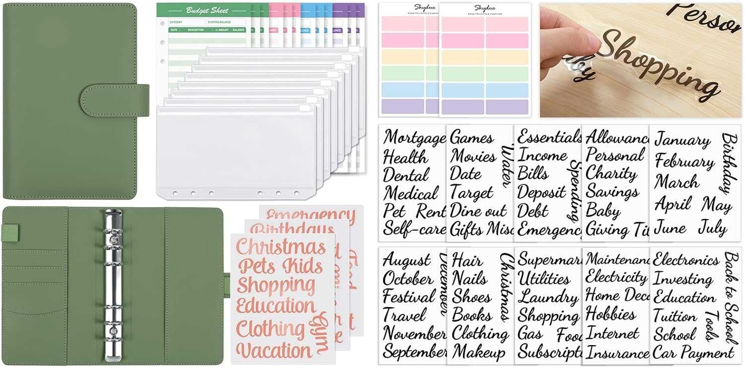 SKYDUE Buckle Budget Binder with Zipper Envelopes and 12 Pcs Budget Stickers Set