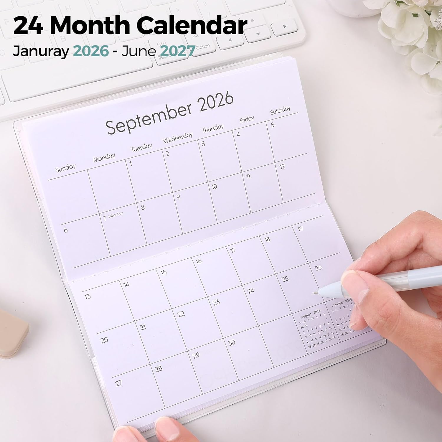 Pocket Calendar 2026-2027 for Purse, 2026-2027 Pocket Planner 24 Months with Soft Waterproof Cover and Premium Paper, 6.5" x 3.5", Floral