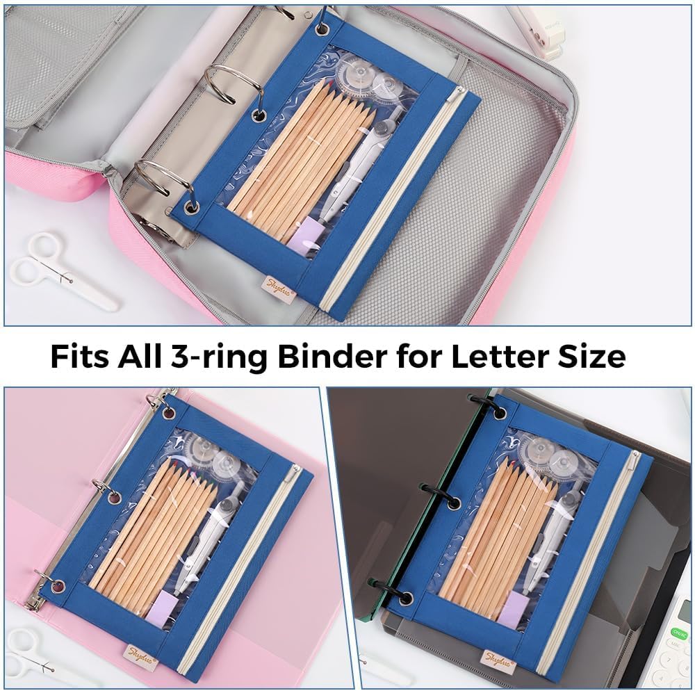 SKYDUE 3 Ring Pencil Pouch for Binder, Zipper Binder Pencil Pouch with 3 Pockets and Mesh Window, Durable Organizer for School Supplies, Cables, Earbuds, Makeup