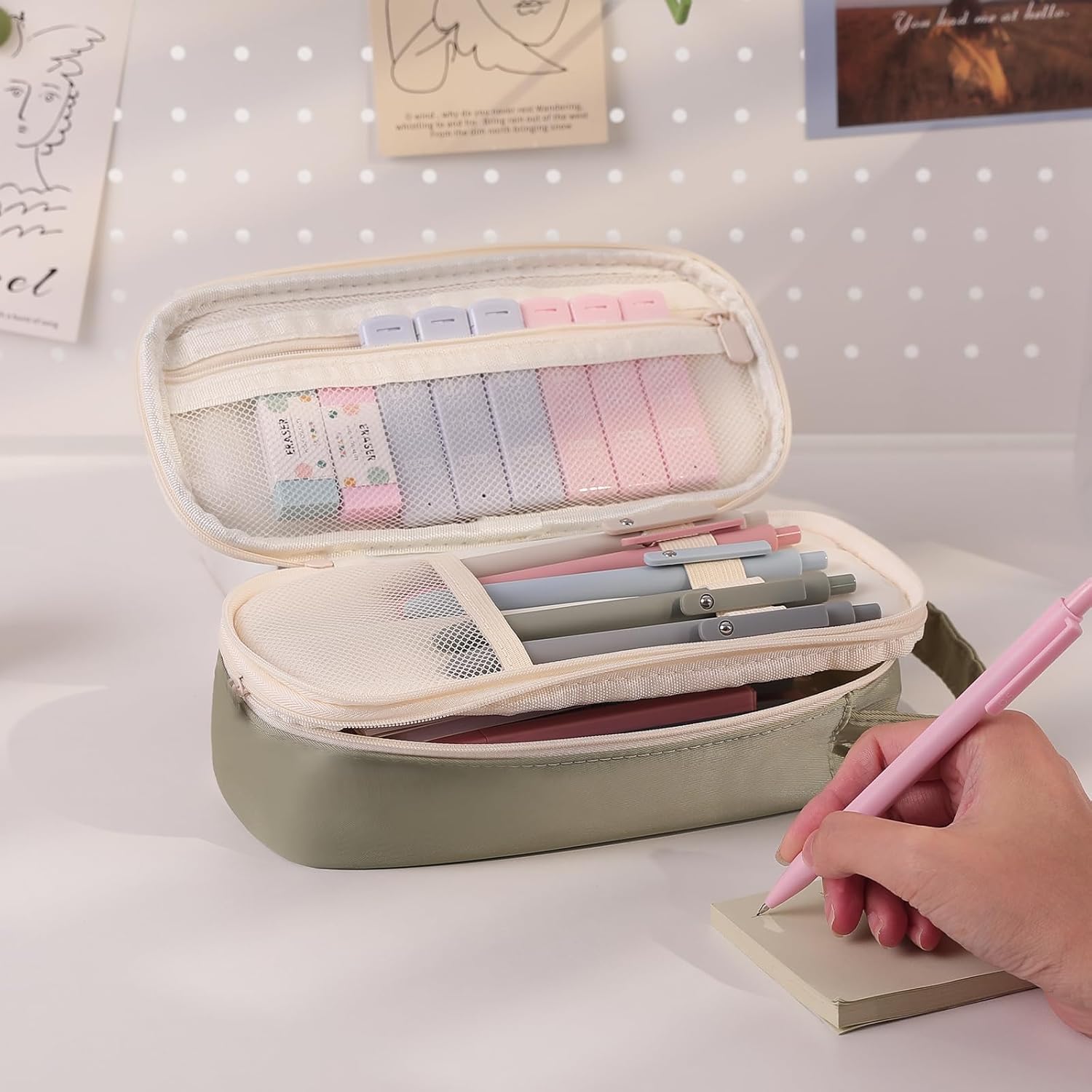 SKYDUE Cute School Supplies 38 PCS, Pencil Case with 12 Pastel Highlighters, 5 Black Gel Pens, Mechanical Pencils, College Essentials Students Stationary Set Pink