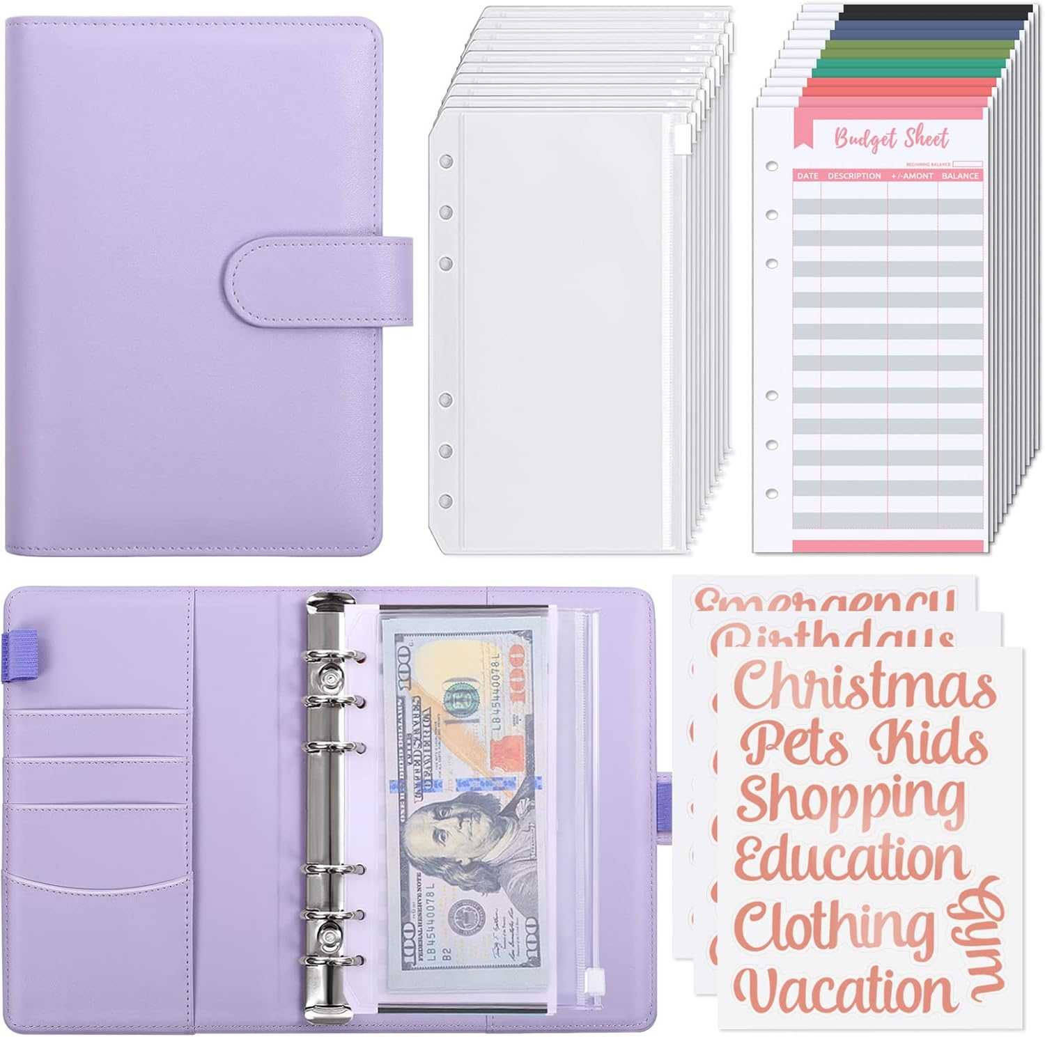 SKYDUE Buckle Budget Binder with Zipper Envelopes and 12 Pcs Budget Stickers Set