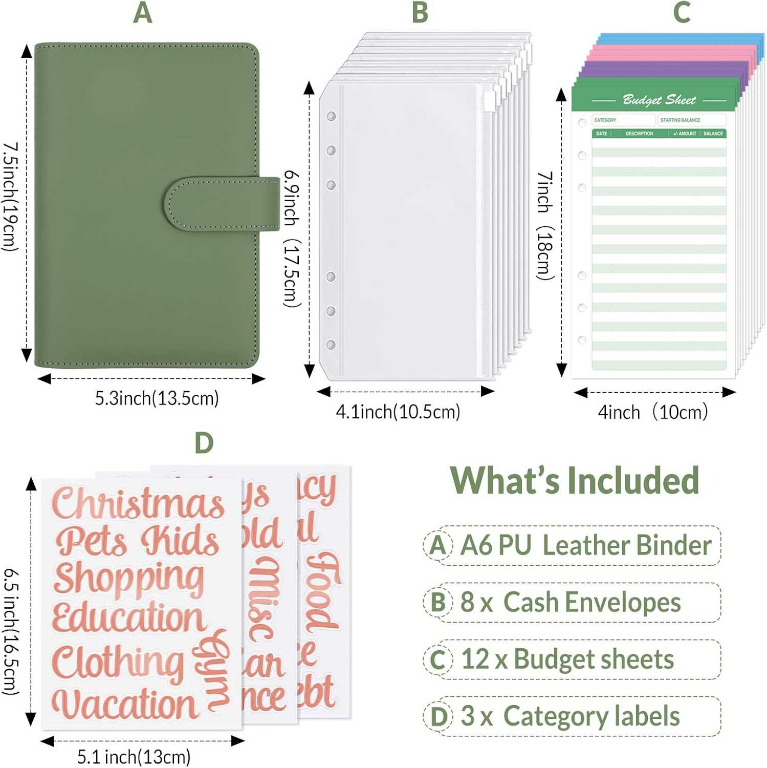SKYDUE Buckle Budget Binder with Zipper Envelopes and 12 Pcs Budget Stickers Set