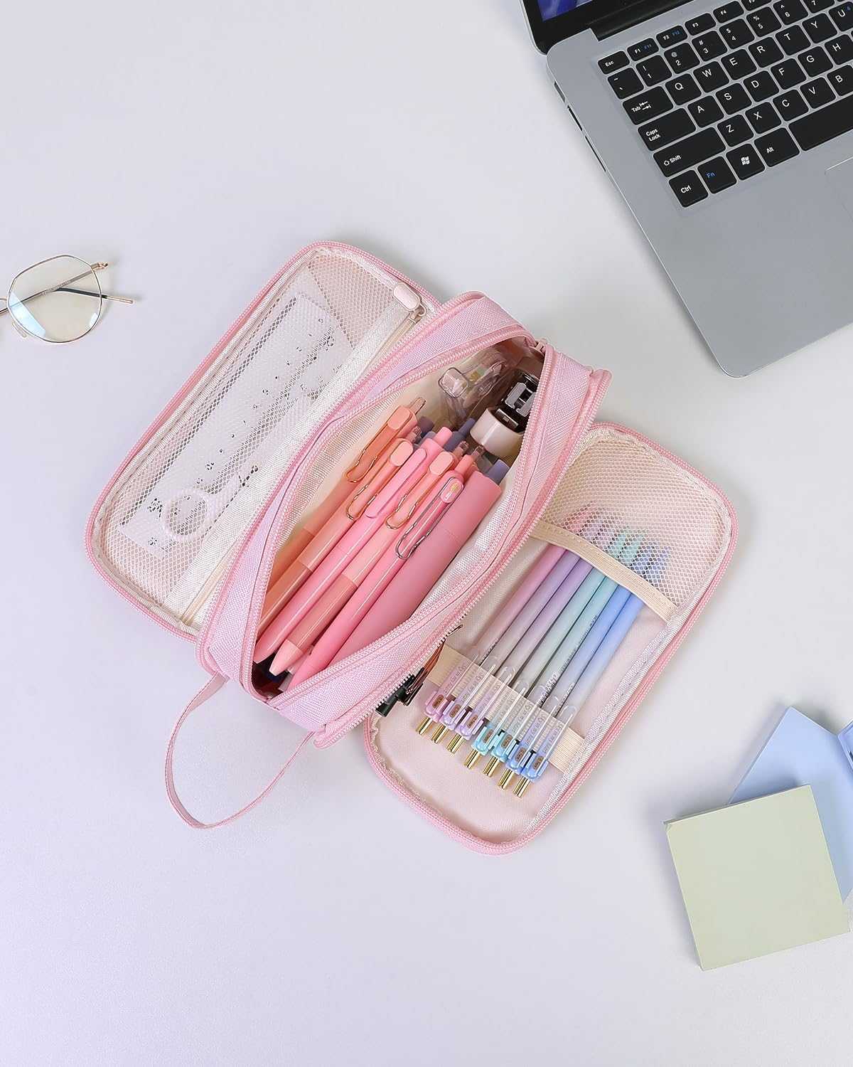 SKYDUE Large Capacity Pencil Case with 3 Compartments, Canvas Stationery Bag with Handle for Students Adults, Aesthetic Pen Holder Organizer for Office School Supplies, Purple