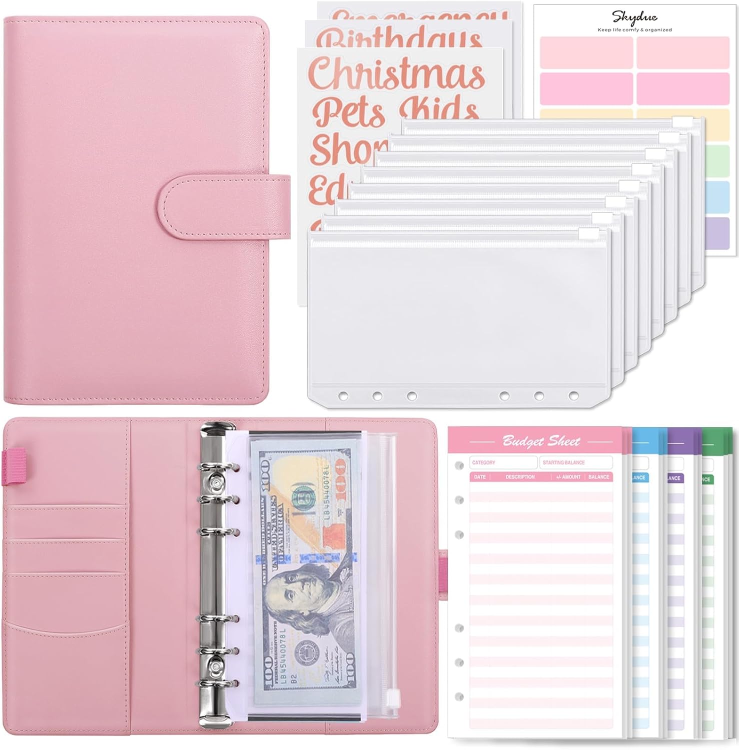 SKYDUE Budget Binder with 8pcs Zipper Envelopes,Money Organizer for Cash with 12pcs Expense Sheets & 24 Rose Gold Sticky Labels