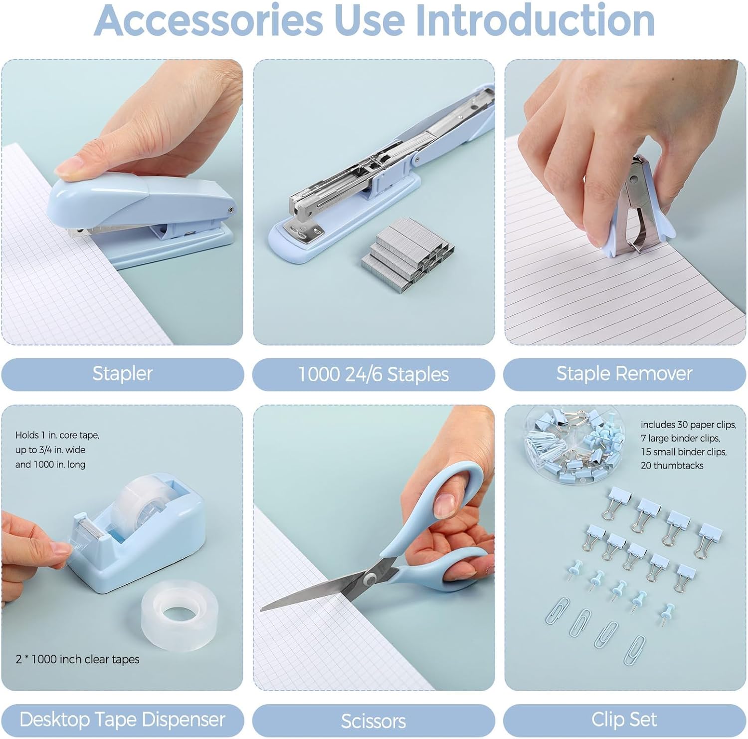 SKYDUE Pink Office Desk Accessories, Pink Office Supplies, Stapler, Tape Dispenser, Scissors, Clips and 1000pcs Staples,Office Supplies for Desk for Women