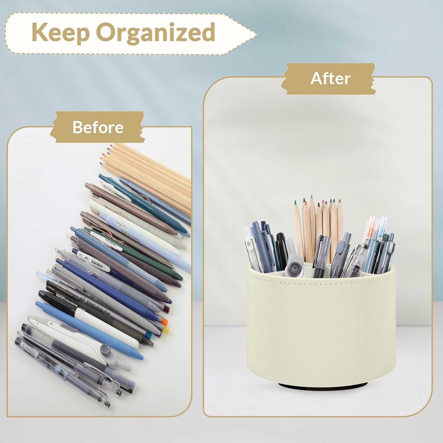 SKYDUE Rotating Pencil Pen Holder, PU Pen Organizer with 4 Slots - Desk Organizer and Accessories for School, Home, Office Supplies