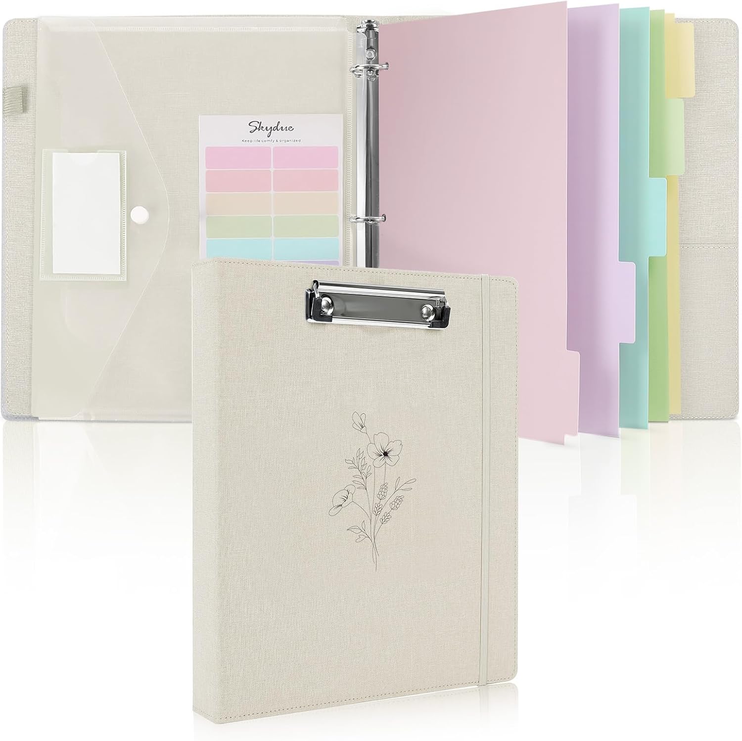 SKYDUE Clipboard Binder with Dividers,1 Inch Linen 3 Ring Binder with Clipboard on Front for Organizer, Clipboard Folder with Pocket, Labels Office Supplies OliveGreen