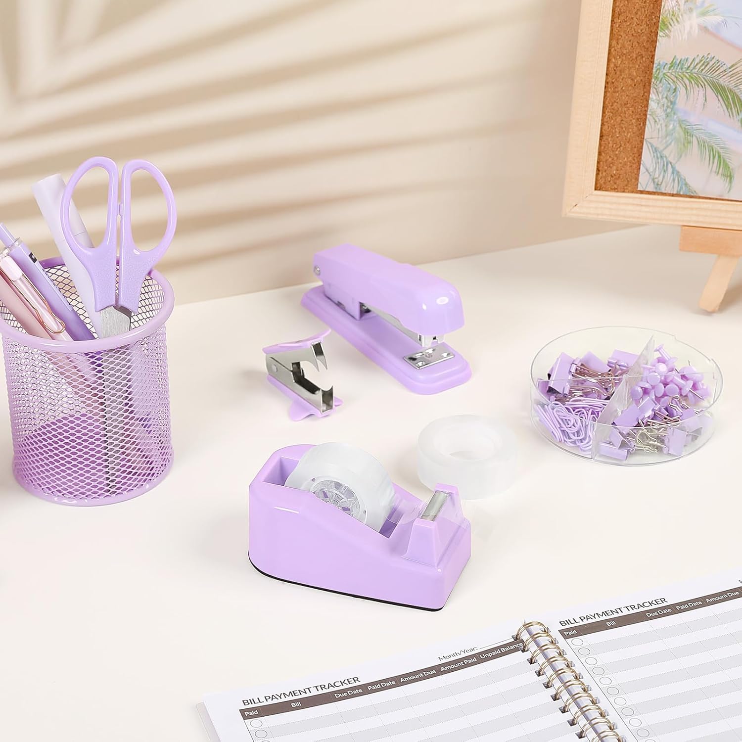 SKYDUE Pink Office Desk Accessories, Pink Office Supplies, Stapler, Tape Dispenser, Scissors, Clips and 1000pcs Staples,Office Supplies for Desk for Women