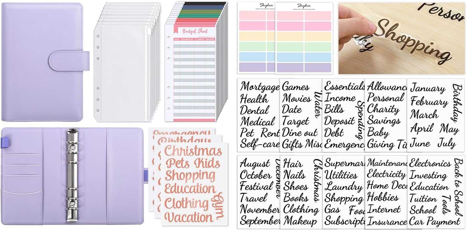 SKYDUE Buckle Budget Binder with Zipper Envelopes and 12 Pcs Budget Stickers Set