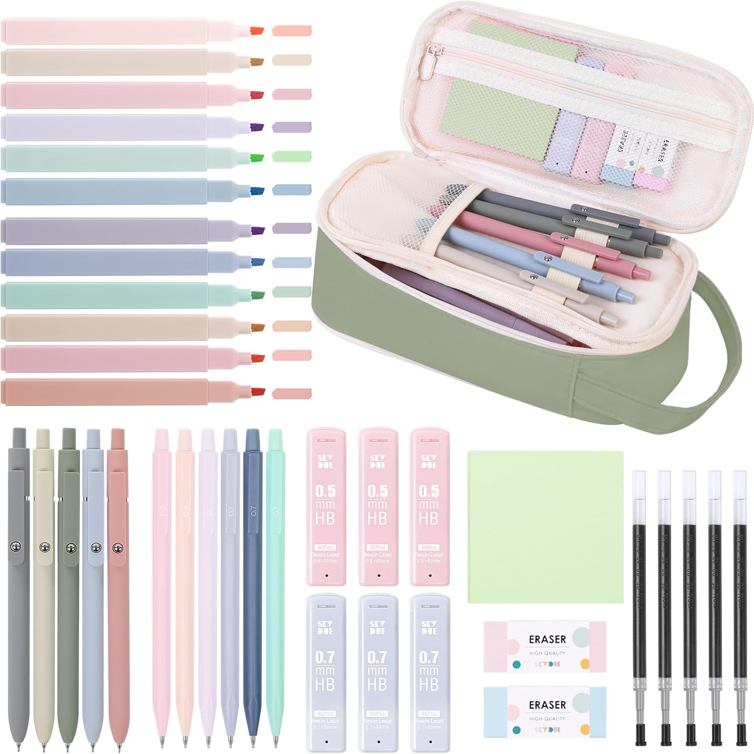 SKYDUE Cute School Supplies 38 PCS, Pencil Case with 12 Pastel Highlighters, 5 Black Gel Pens, Mechanical Pencils, College Essentials Students Stationary Set Pink