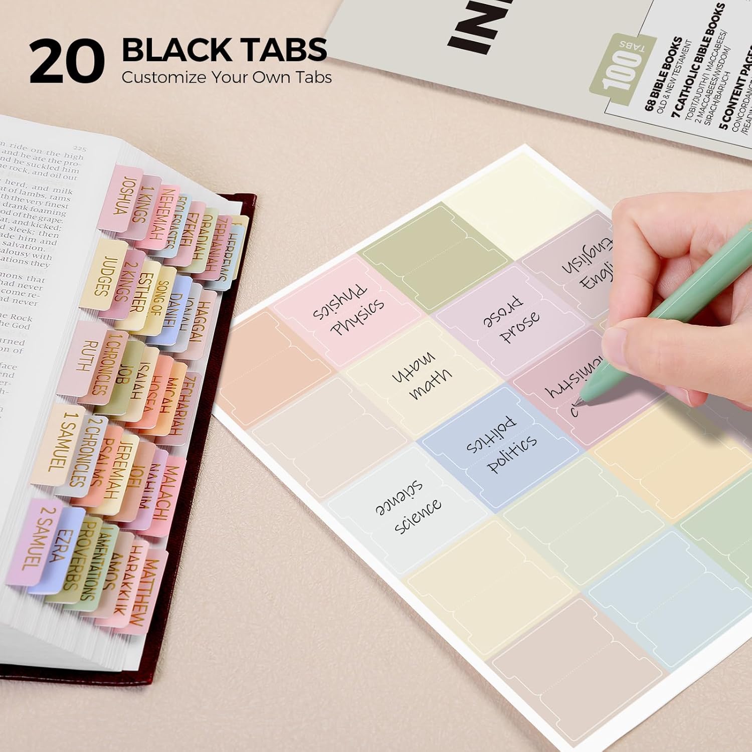 Laminated Bible Tabs for Women, 100 Tabs, Bible Book Tabs for Study Bible, Large Print Bible Chapter Tabs(Gold Foil Embossed Lettering), Bible Study Supplies, Cream Bible Labels Tabs