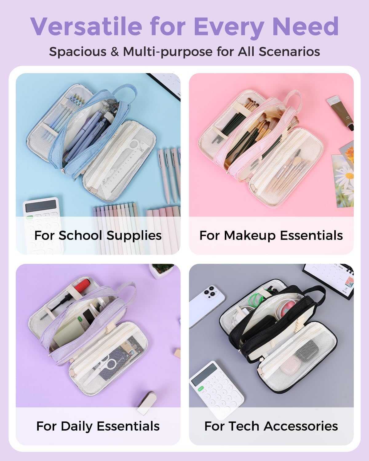 SKYDUE Large Capacity Pencil Case with 3 Compartments, Canvas Stationery Bag with Handle for Students Adults, Aesthetic Pen Holder Organizer for Office School Supplies, Purple
