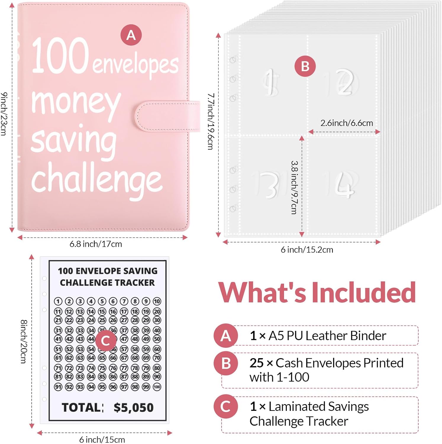 SKYDUE 100 Envelopes Money Savin Challenge Binder, A5 Money Saving Budget Binder with Cash Envelopes - Savings Challenges Book to Save $5,050