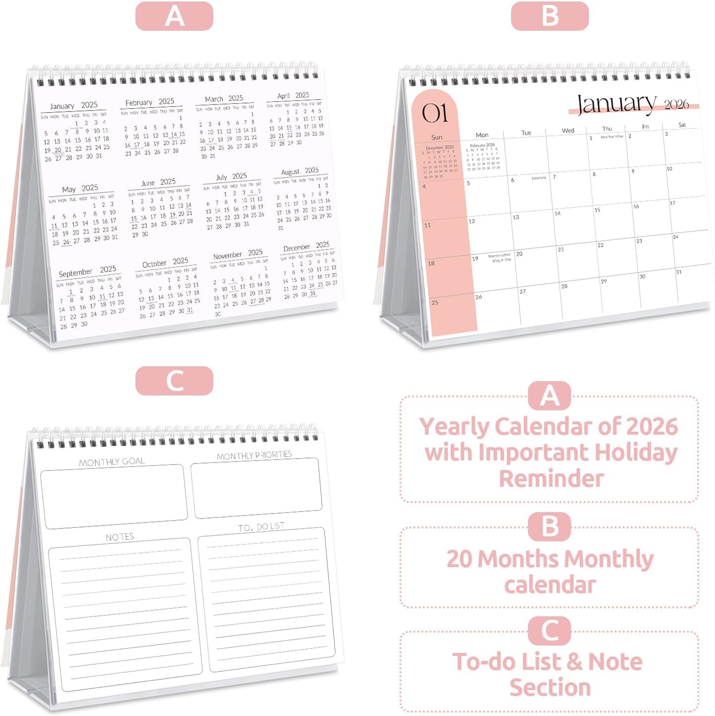 SKYDUE Desk Calendar 2026, 18 Months Small Desk Calendar 2026-2027, Jan 2026 to Jun 2027, 10" x 8" Desktop Calendar Planner with Stickers, Black