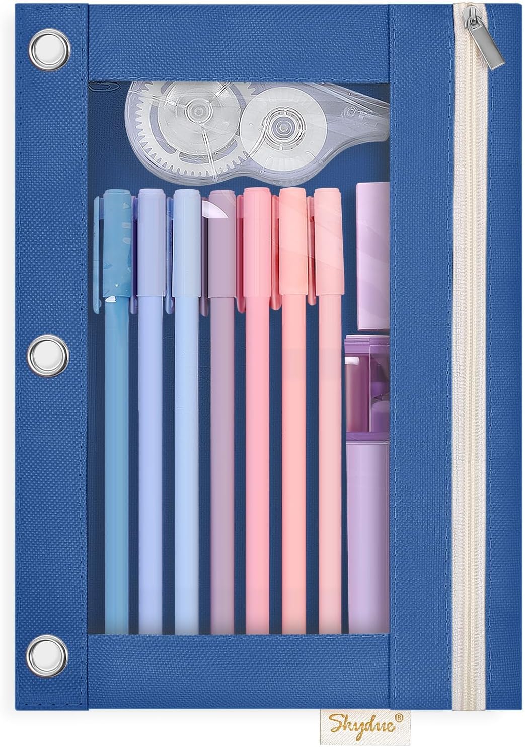 SKYDUE 3 Ring Pencil Pouch for Binder, Zipper Binder Pencil Pouch with 3 Pockets and Mesh Window, Durable Organizer for School Supplies, Cables, Earbuds, Makeup
