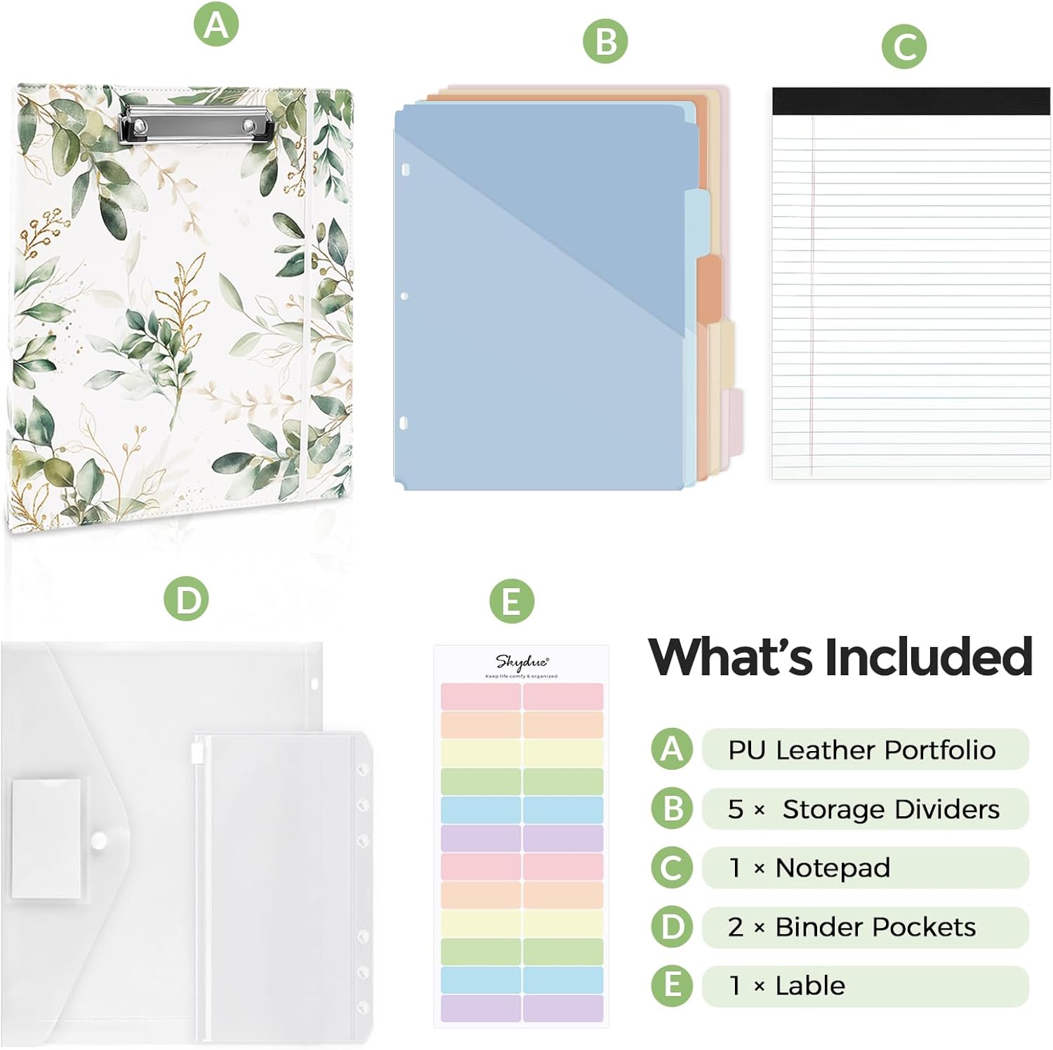 SKYDUE 1 Inch 3-Ring Binder with Clipboard, PU Aesthetic Binder with 5 Dividers, Notepad, Stickers & Pockets for Work and School (Letter Size)
