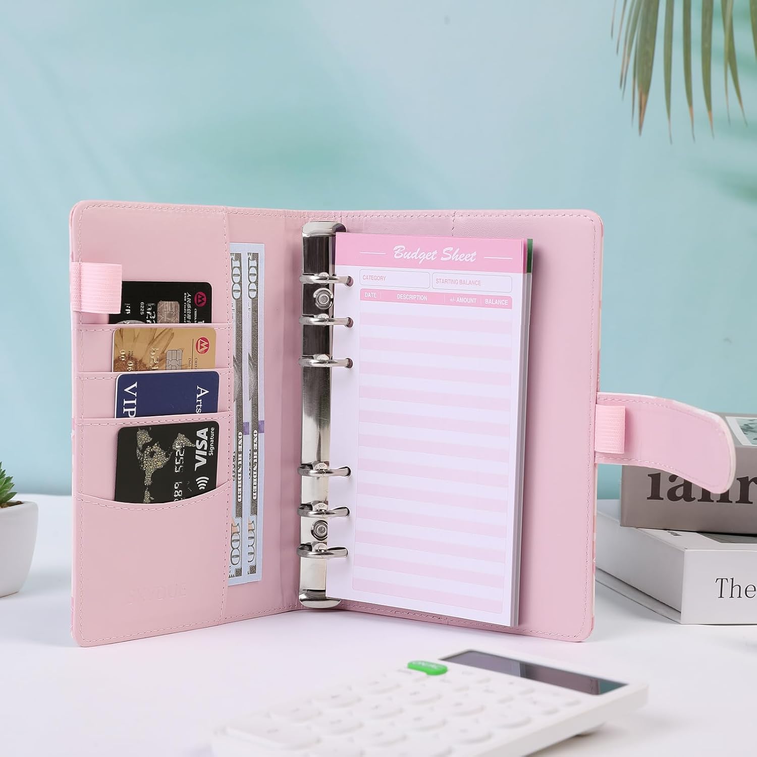 SKYDUE Budget Binder with 8pcs Zipper Envelopes,Money Organizer for Cash with 12pcs Expense Sheets & 24 Rose Gold Sticky Labels
