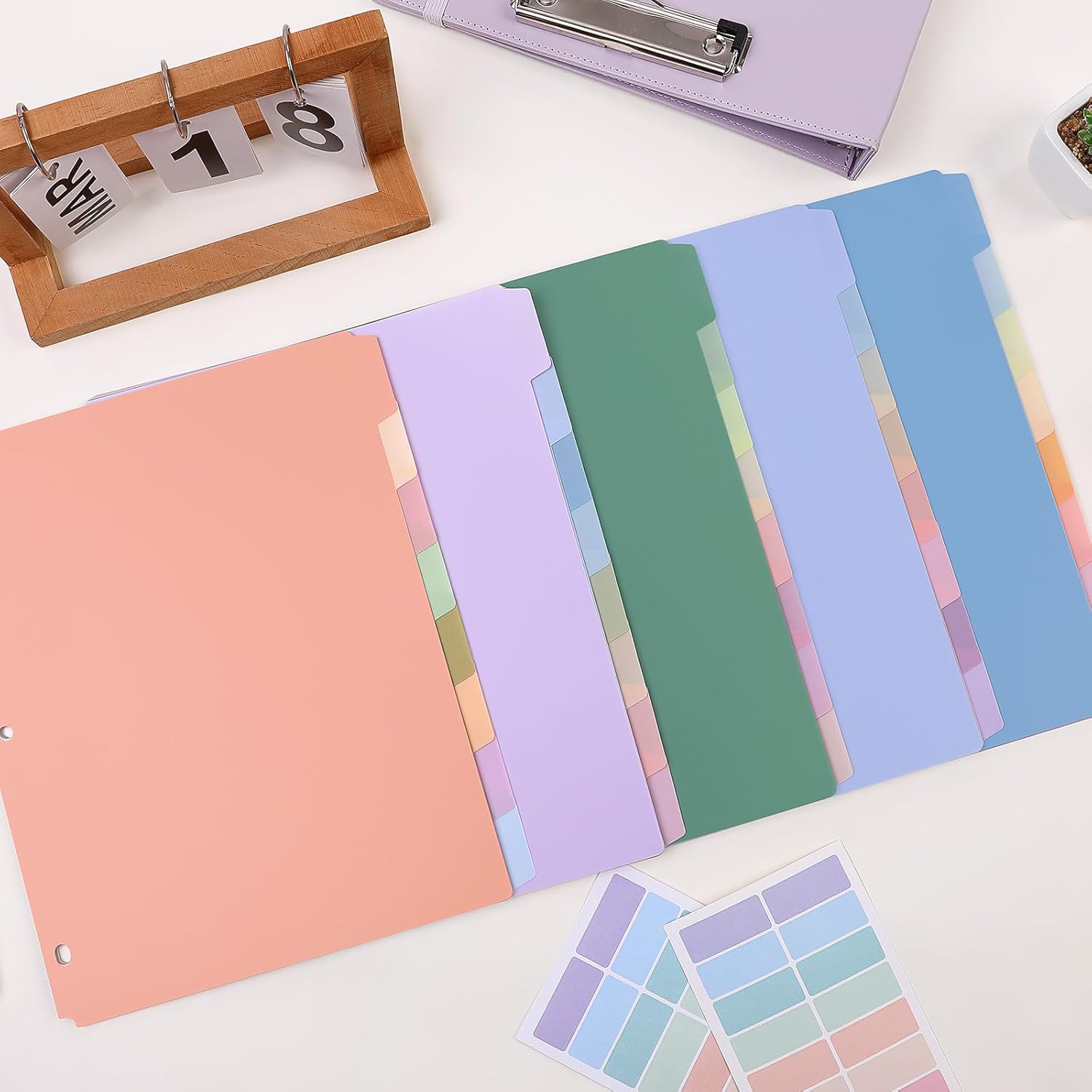 SKYDUE 8 Tab Binder Dividers, Letter Size, Durable Plastic Dividers for 3 Ring Binder, Write & Erase Binder Dividers with Tabs, 1 Set, Aesthetic Pastels Binder Divider for School, Office