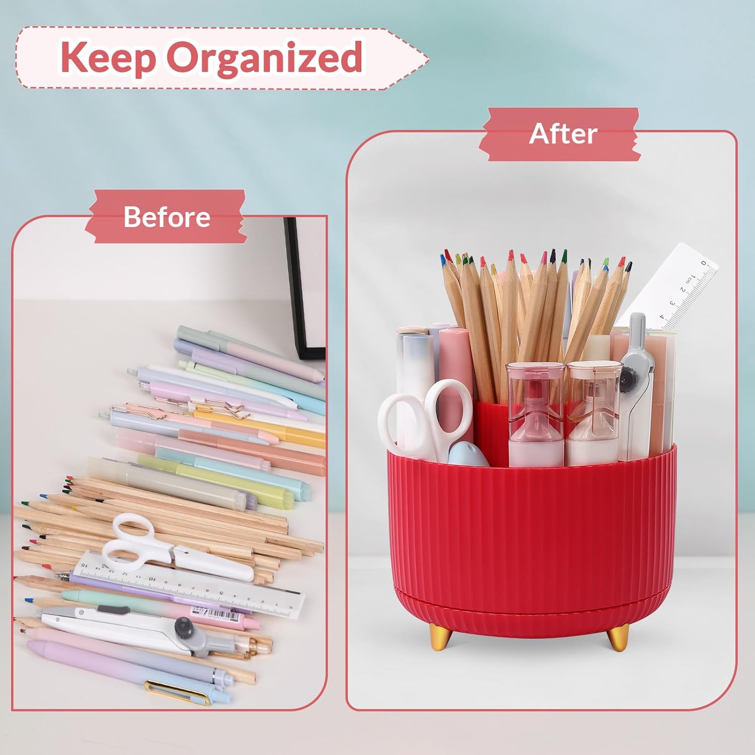 SKYDUE 360 Rotating Plastic Desk Pen Organizer with 5 Slots, Dual-Purpose Art Supply Pencil Cup for Office, School, Home