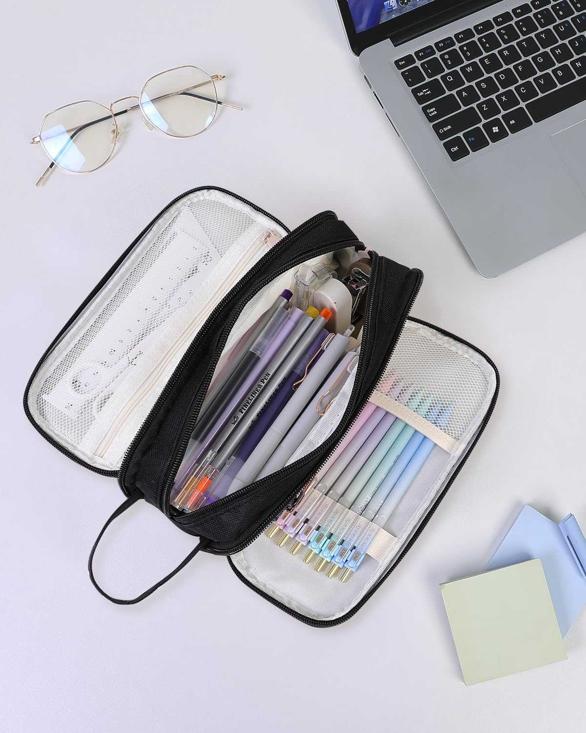 SKYDUE Large Capacity Pencil Case with 3 Compartments, Canvas Stationery Bag with Handle for Students Adults, Aesthetic Pen Holder Organizer for Office School Supplies, Purple
