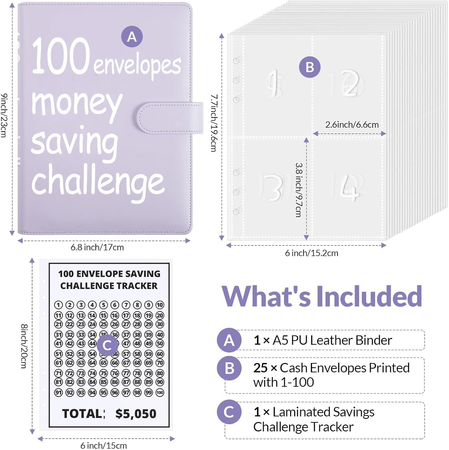 SKYDUE 100 Envelopes Money Savin Challenge Binder, A5 Money Saving Budget Binder with Cash Envelopes - Savings Challenges Book to Save $5,050