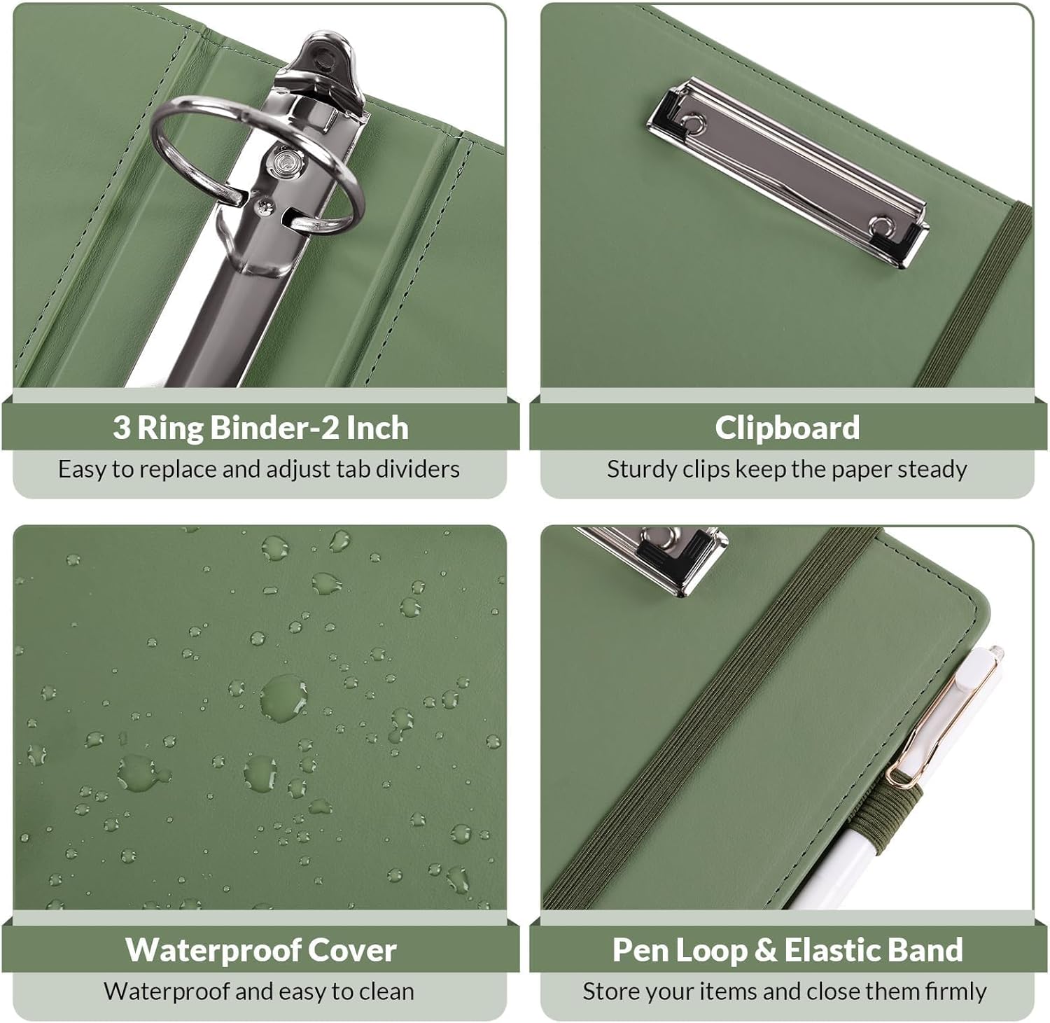SKYDUE Clipboard Binder with Refillable Notepad, PU Clipboard Folder Includes 5 Dividers with 10 Pockets, Labels, 3 Ring Binder 1 Inch for School Office (Fit Letter Sized Paper),Olivegreen