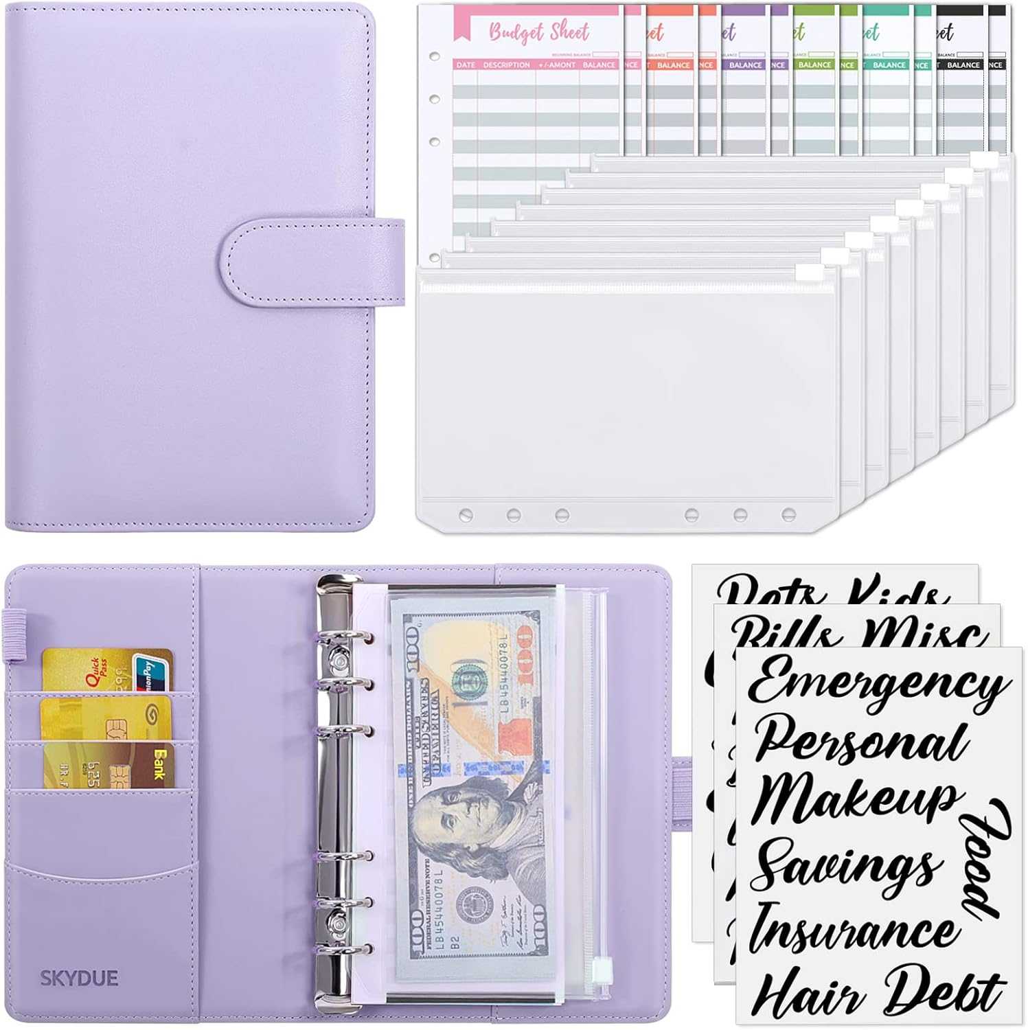 SKYDUE Buckle Budget Binder with Zipper Envelopes and 12 Pcs Budget Stickers Set