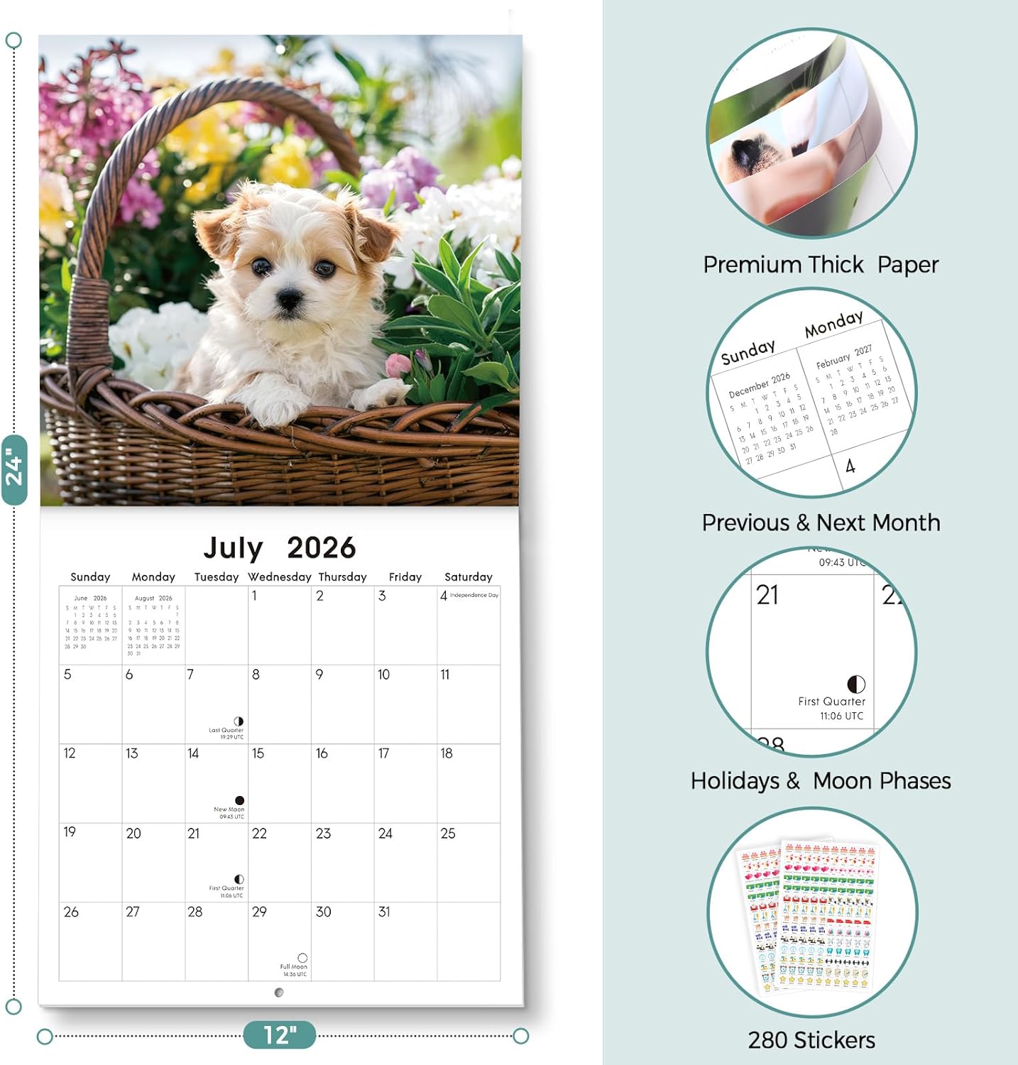 SKYDUE 2026 Wall Calendar 12"x24" Opened, 18-Month Puppy Dog Calendar from January 2026 to June 2027 with Stickers, Thick Paper Monthly Calendar for Home Office Organizing & Planning
