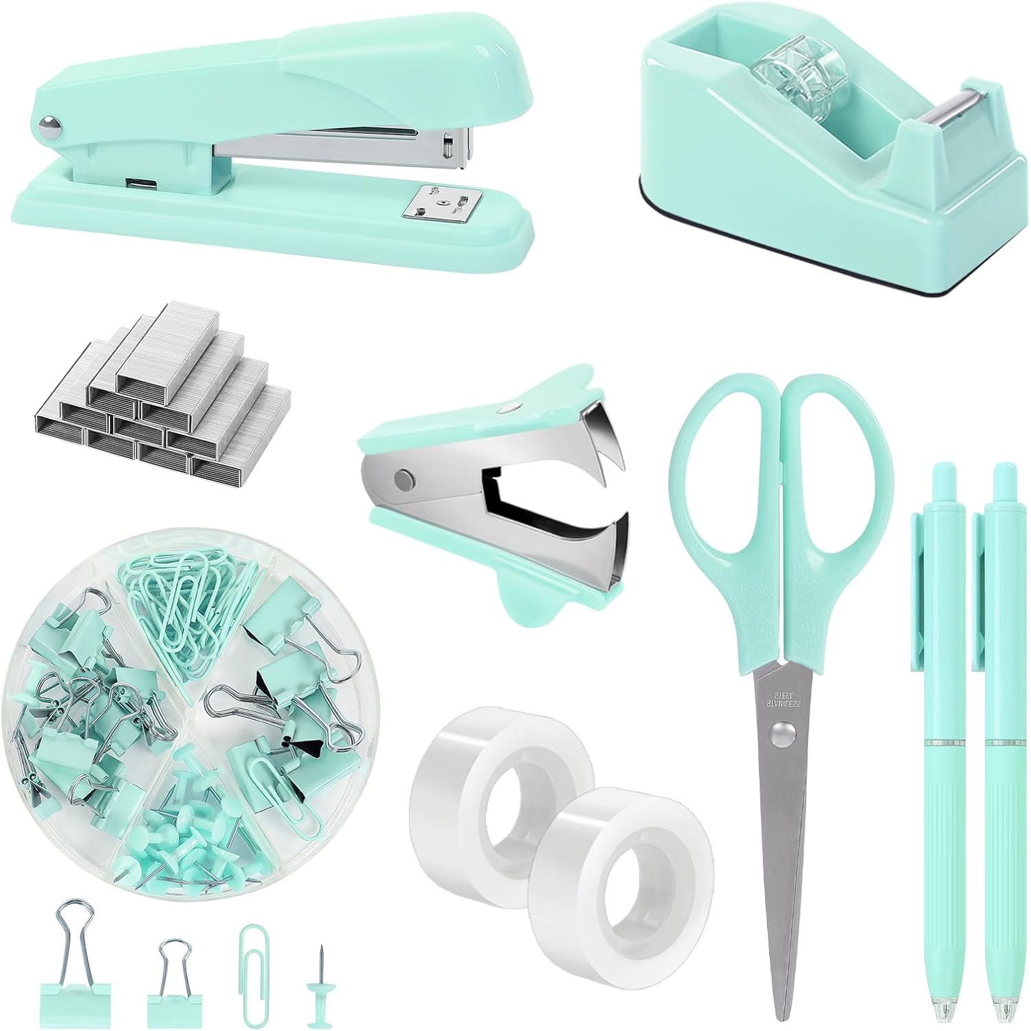 SKYDUE Pink Office Desk Accessories, Pink Office Supplies, Stapler, Tape Dispenser, Scissors, Clips and 1000pcs Staples,Office Supplies for Desk for Women