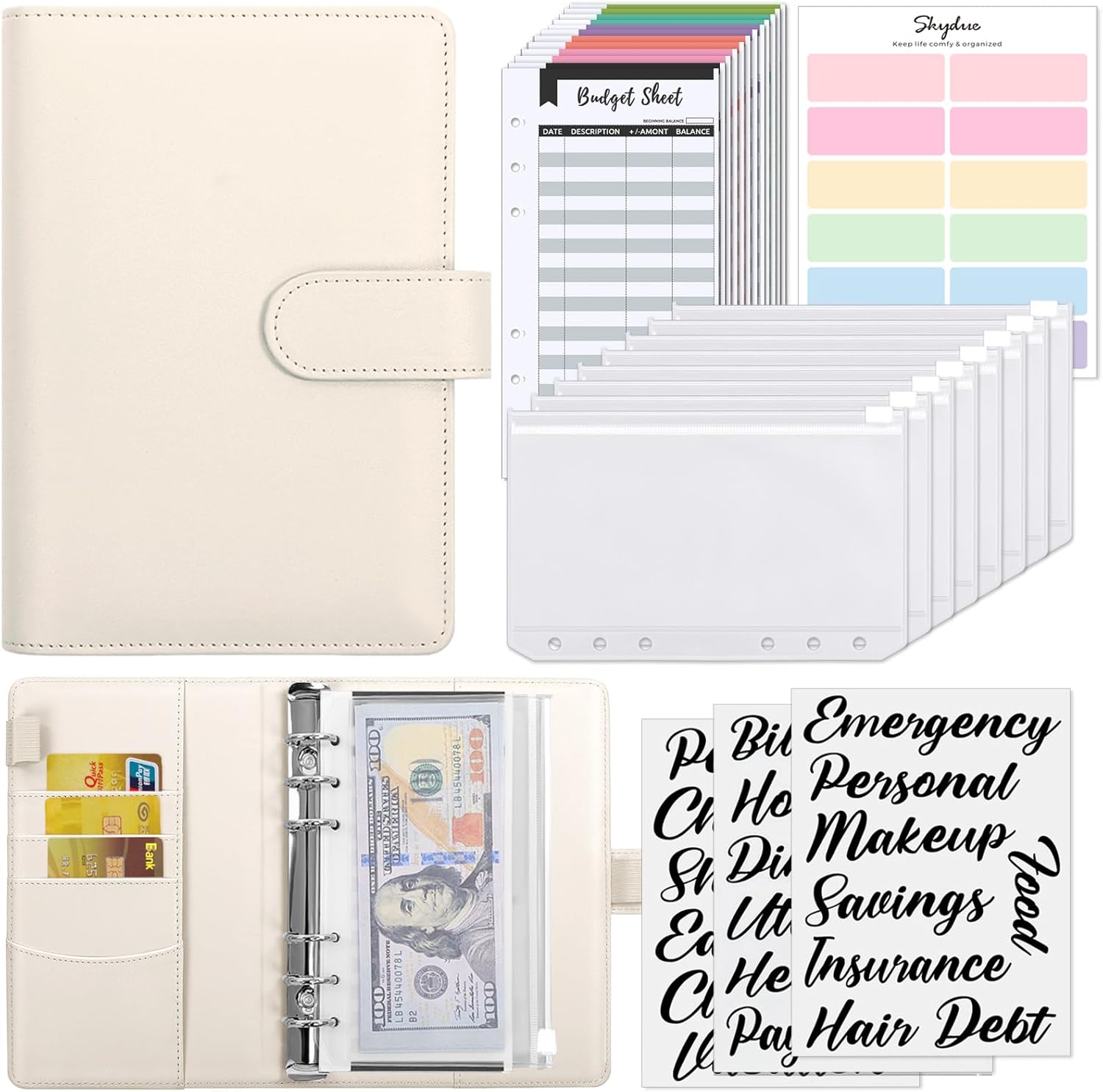 SKYDUE Budget Binder, Money Saving Binder with Zipper Envelopes, Cash Envelopes and Expense Budget Sheets for Budgeting