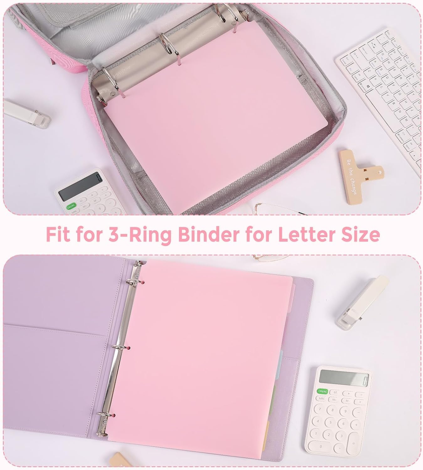 Plastic Pocket Folders，2 Pockets and 3 Dividers, Letter Size – Fits 3-Ring Binders – School Folders for Students & Office Use – Pink & Purple