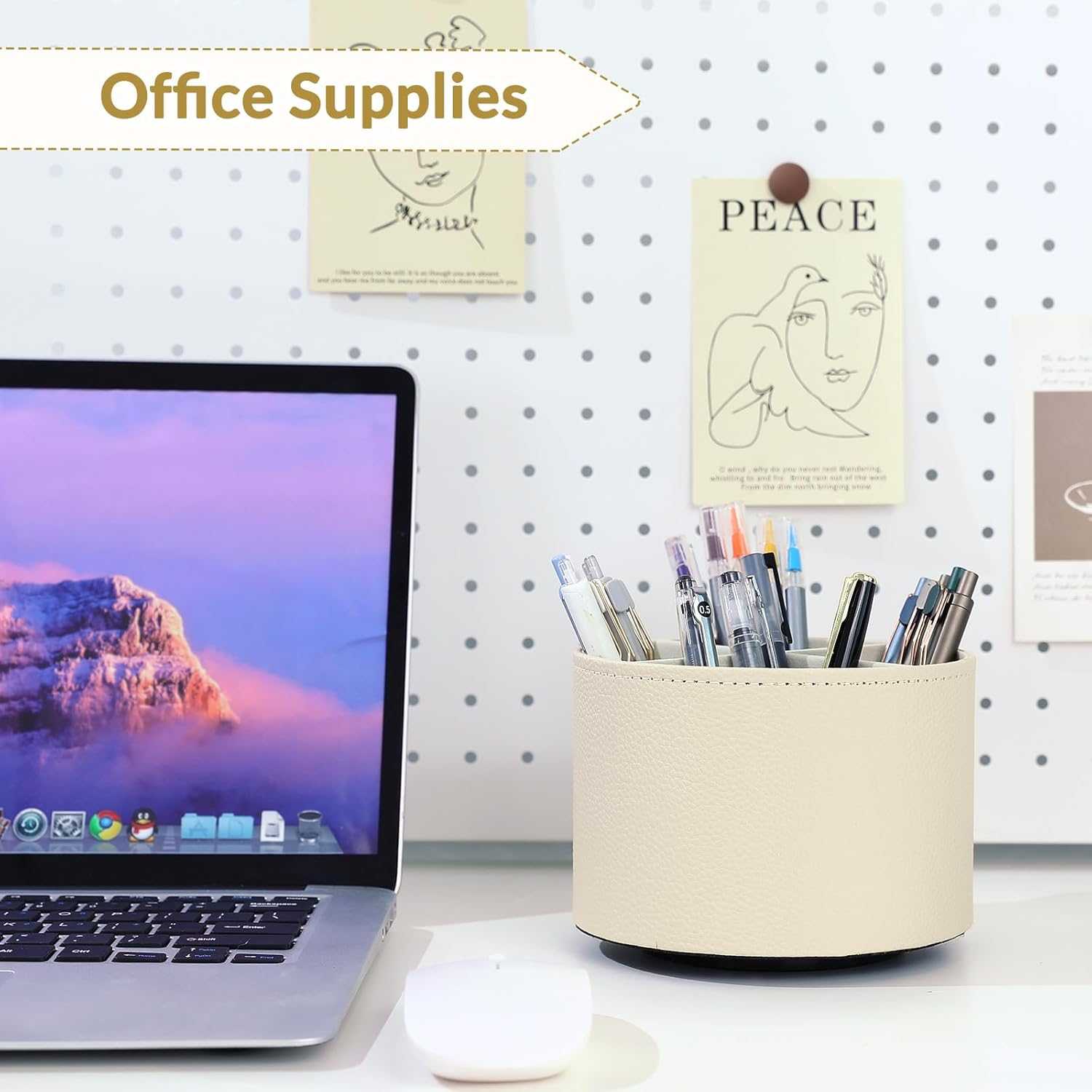 SKYDUE Rotating Pencil Pen Holder, PU Pen Organizer with 4 Slots - Desk Organizer and Accessories for School, Home, Office Supplies