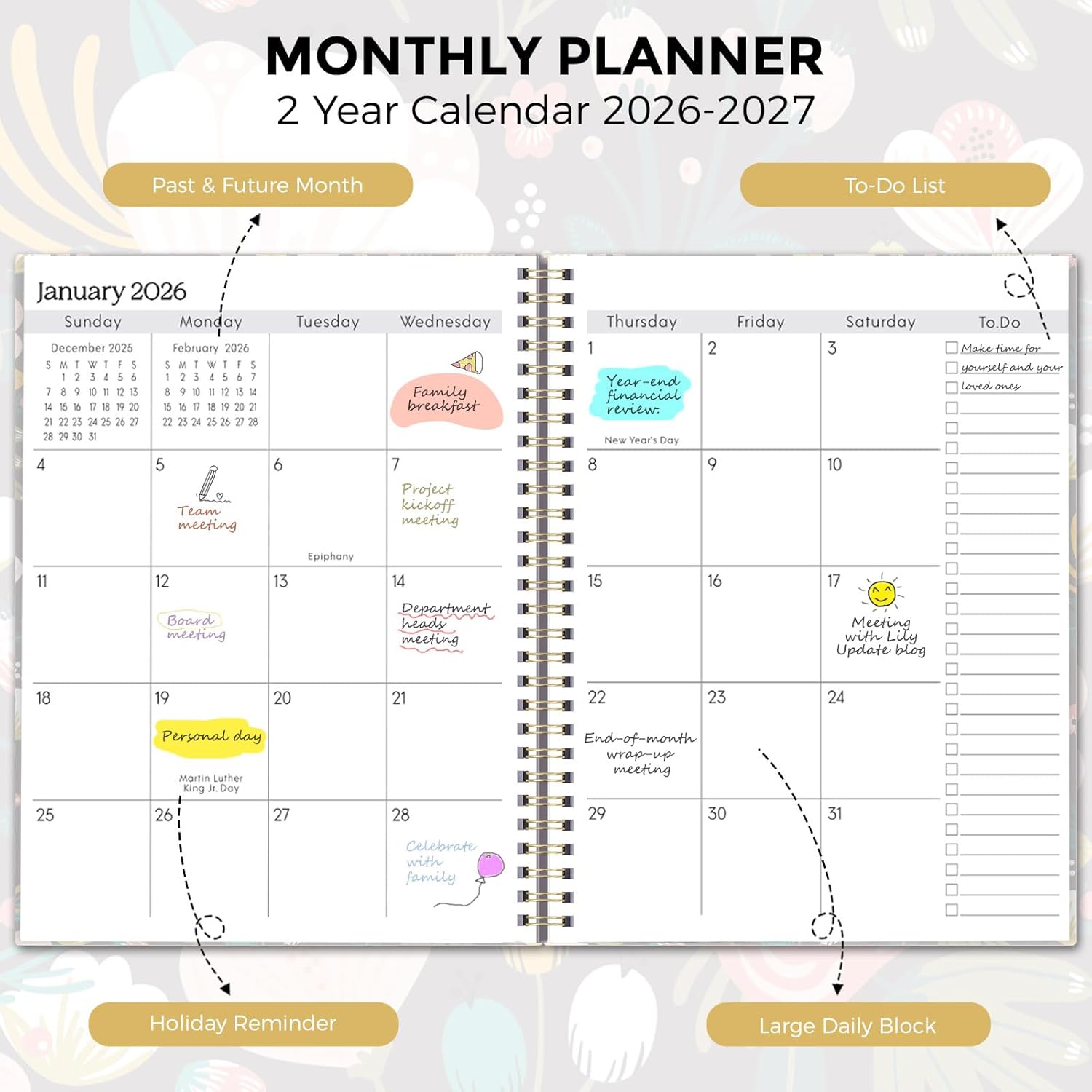 SKYDUE Monthly Planner 2026-2027, 24 Months Calendar Planner 2026-2027, 7.5" x 10" B5 Planner, Twin-wire Spiral Bound, Durable Waterproof Cover, Thick No-Bleed Paper, Floral