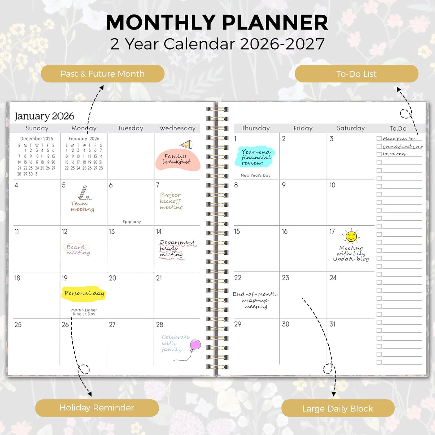 SKYDUE Monthly Planner 2026-2027, 24 Months Calendar Planner 2026-2027, 7.5" x 10" B5 Planner, Twin-wire Spiral Bound, Durable Waterproof Cover, Thick No-Bleed Paper, Floral