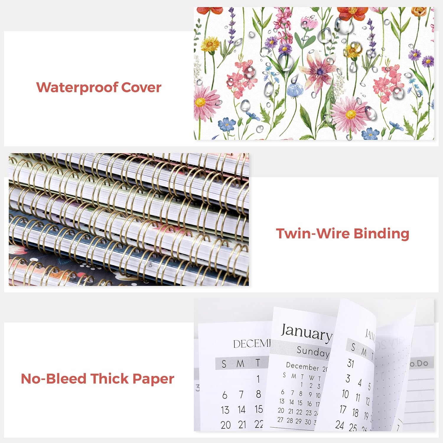 SKYDUE Monthly Planner 2026-2027, 24 Months Calendar Planner 2026-2027, 7.5" x 10" B5 Planner, Twin-wire Spiral Bound, Durable Waterproof Cover, Thick No-Bleed Paper, Floral