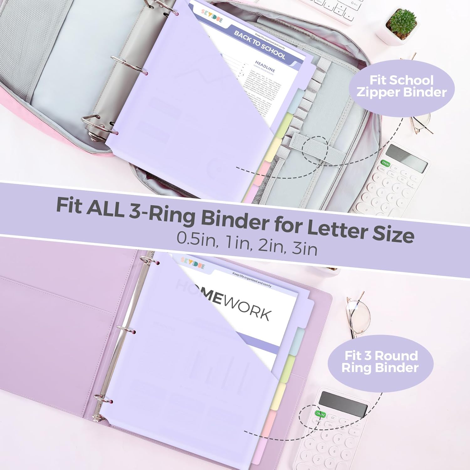 SKYDUE Binder Dividers with Tabs and Pockets, 6 Tabs Dividers for 3 Ring Binder, Tear-Resistant Plastic Binder Dividers for School, Office, Home