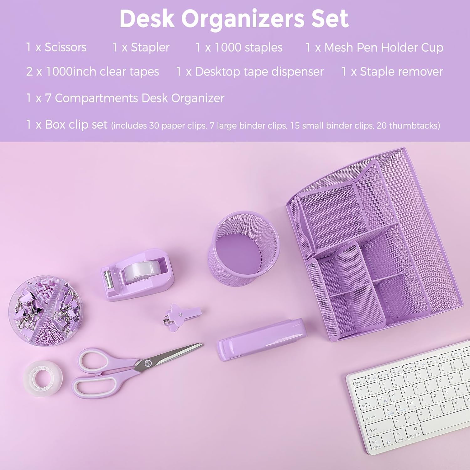 SKYDUE Pink Desk Accessories, Pink Office Supplies Set, Mesh Desk Organizer, Stapler, Tape Dispenser, Scissors, Binder/Paper Clips and 1000pcs Staples,Desk Organizer for Women