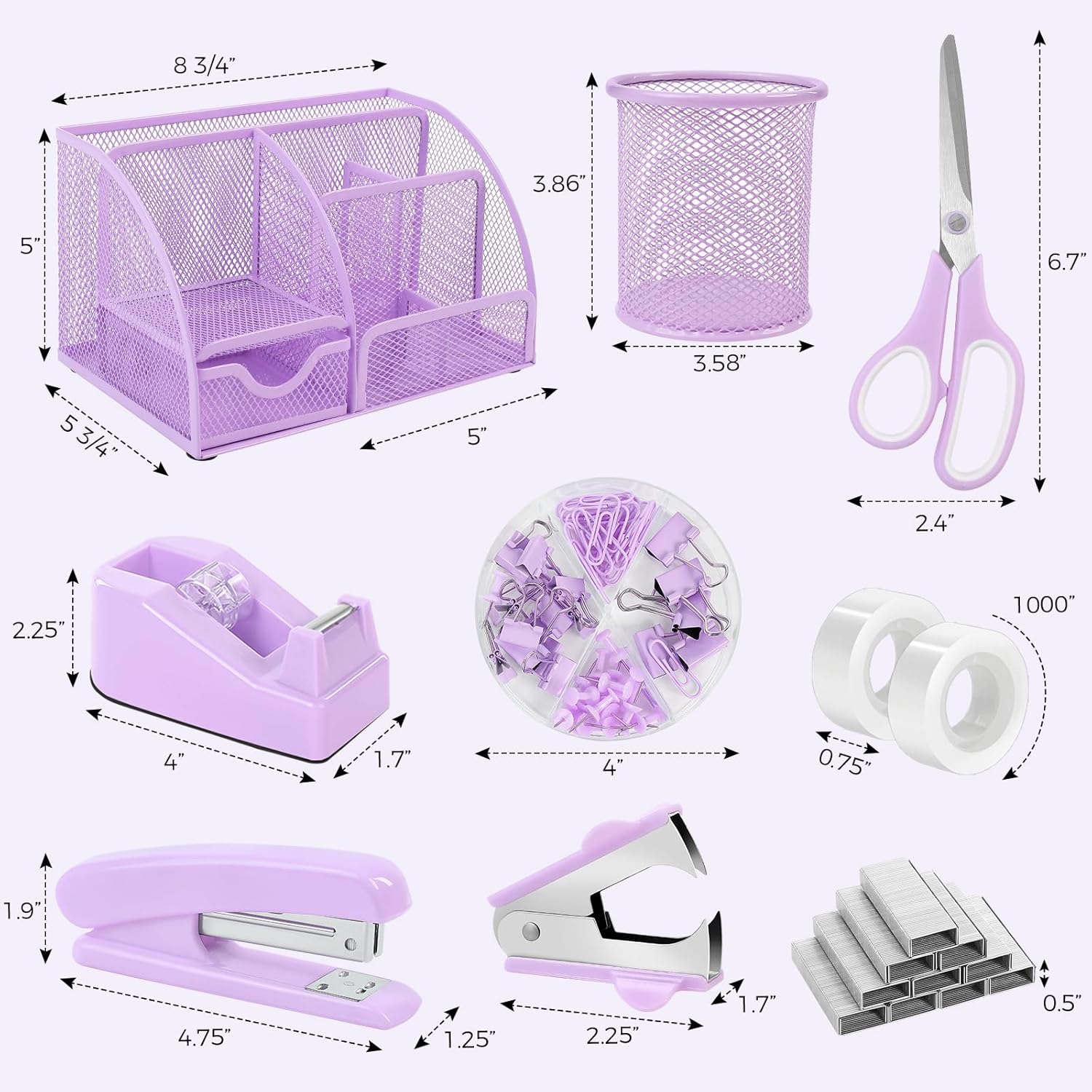 SKYDUE Pink Desk Accessories, Pink Office Supplies Set, Mesh Desk Organizer, Stapler, Tape Dispenser, Scissors, Binder/Paper Clips and 1000pcs Staples,Desk Organizer for Women