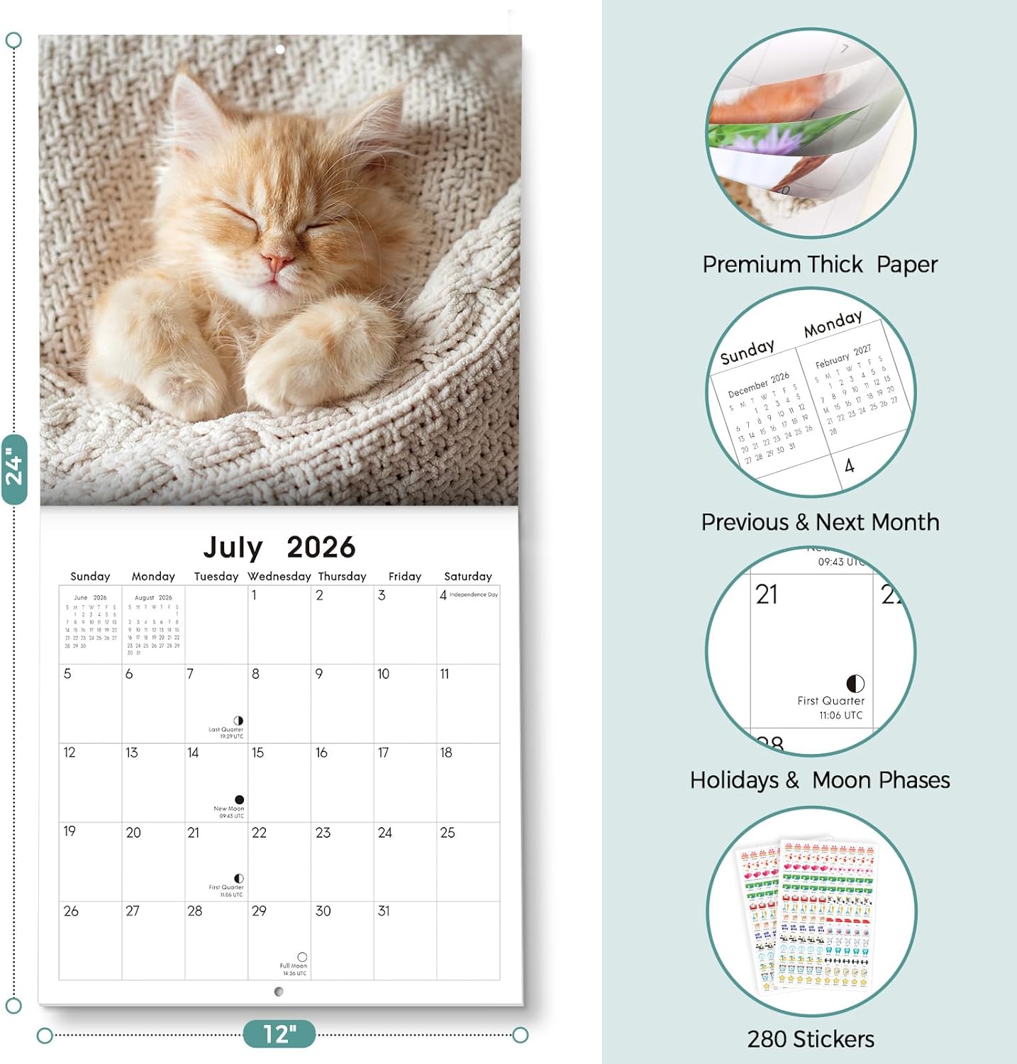 SKYDUE 2026 Wall Calendar 12"x24" Opened, 18-Month Puppy Dog Calendar from January 2026 to June 2027 with Stickers, Thick Paper Monthly Calendar for Home Office Organizing & Planning