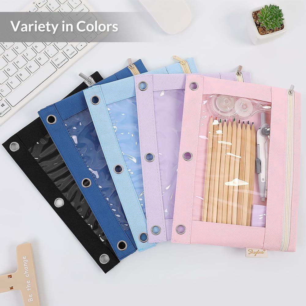 SKYDUE 3 Ring Pencil Pouch for Binder, Zipper Binder Pencil Pouch with 3 Pockets and Mesh Window, Durable Organizer for School Supplies, Cables, Earbuds, Makeup