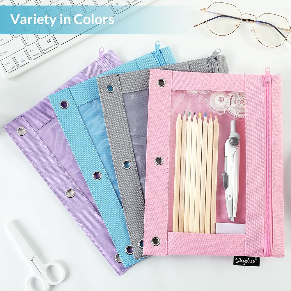 SKYDUE Pencil Pouch for 3 Ring Binder, Zipper Pencil Pouches for Girls Boys, Clear Window Pencil Case for Binder, Binder Pencil Pouch, Pencil Bag with Zipper,Pink & Purple