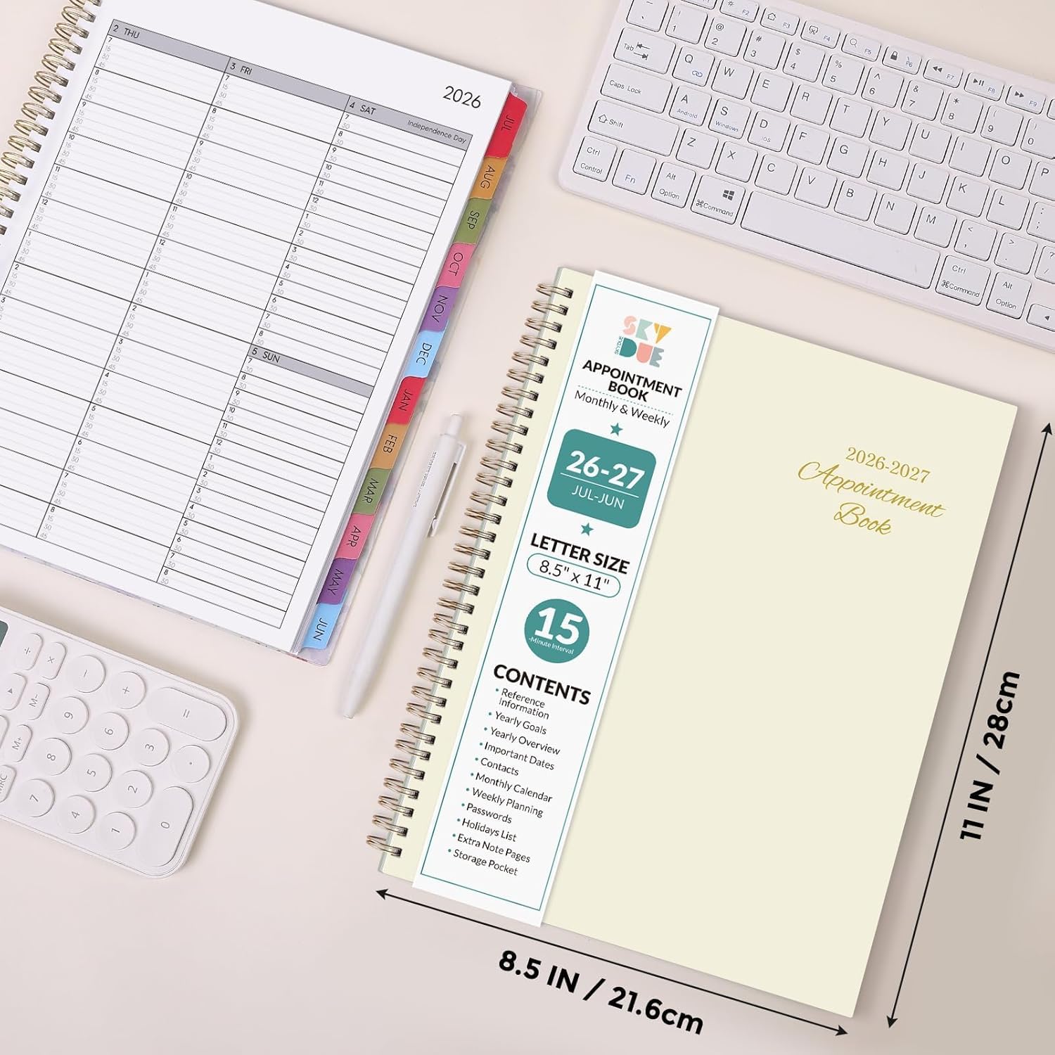 SKYDUE Appointment Book 2026-2027, Academic Hourly Planner from July 2026 - June 2027, 8.5" x 11" Weekly & Monthly Schedule Planner with 15-Minute Interval- Perfect for Daily Planning White Flower