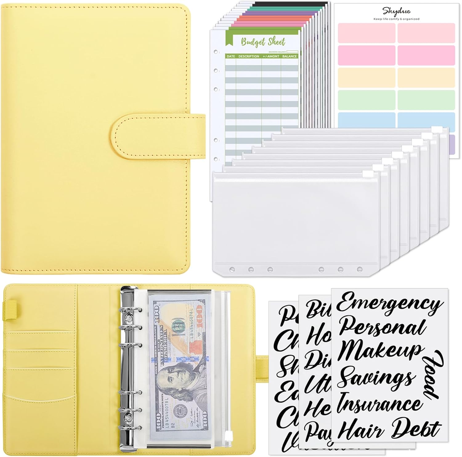 SKYDUE Budget Binder, Money Saving Binder with Zipper Envelopes, Cash Envelopes and Expense Budget Sheets for Budgeting