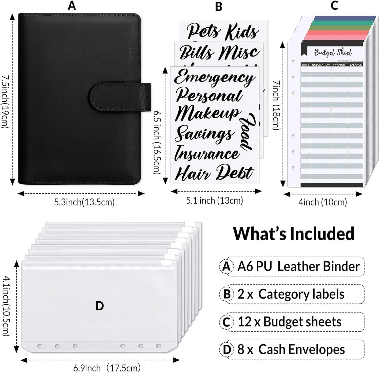 SKYDUE Buckle Budget Binder with Zipper Envelopes and 12 Pcs Budget Stickers Set