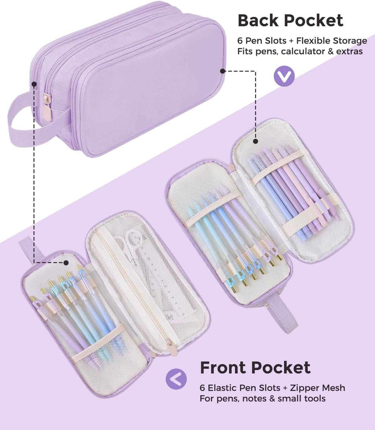 SKYDUE Large Capacity Pencil Case with 3 Compartments, Canvas Stationery Bag with Handle for Students Adults, Aesthetic Pen Holder Organizer for Office School Supplies, Purple